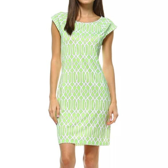 Jean-Pierre Klifa Daphne Dress M Green Geometric Knee Length Cap Sleeve - Picture 1 of 10